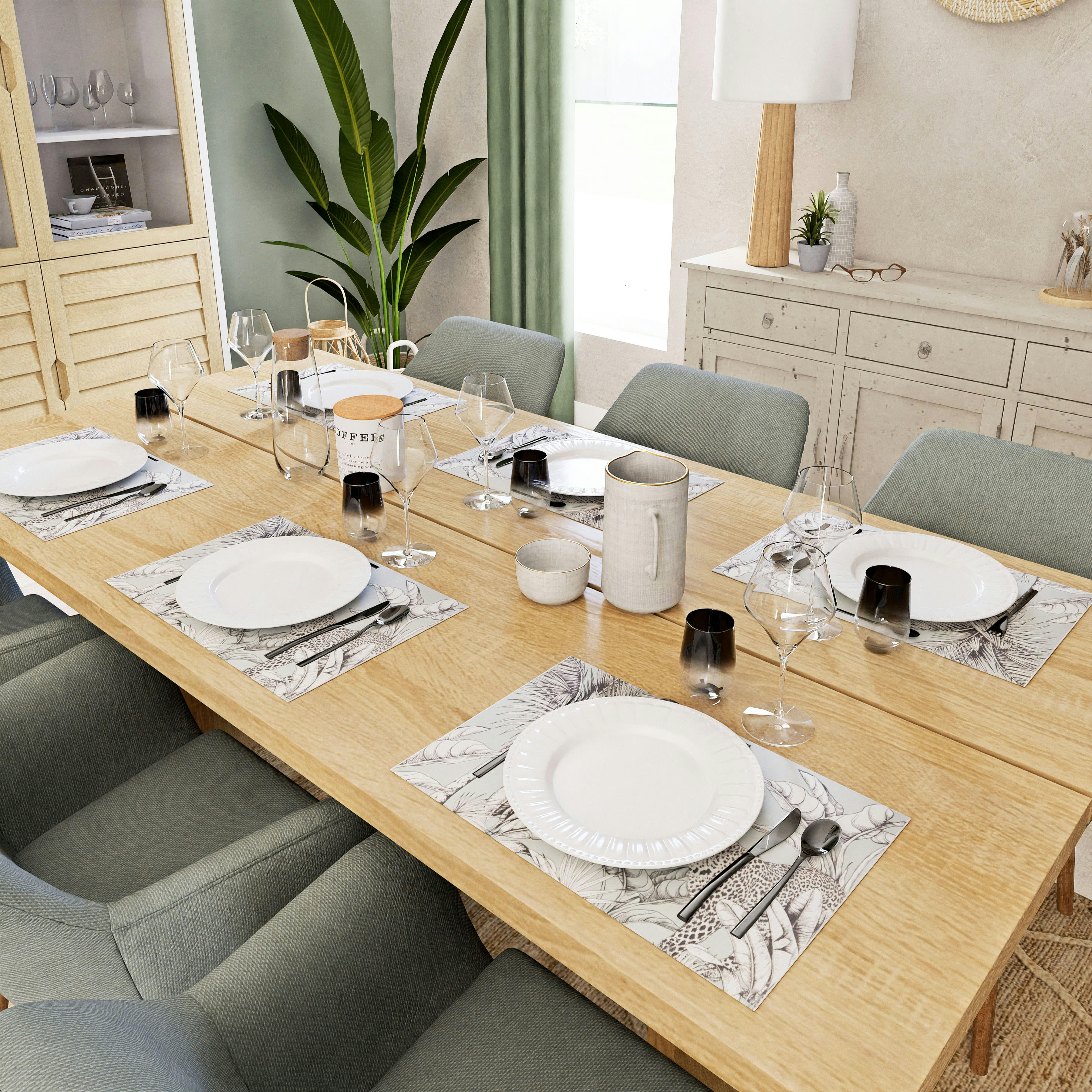 GIULIA - Set de table en vinyle noir, blanc et vert imprimé guépard