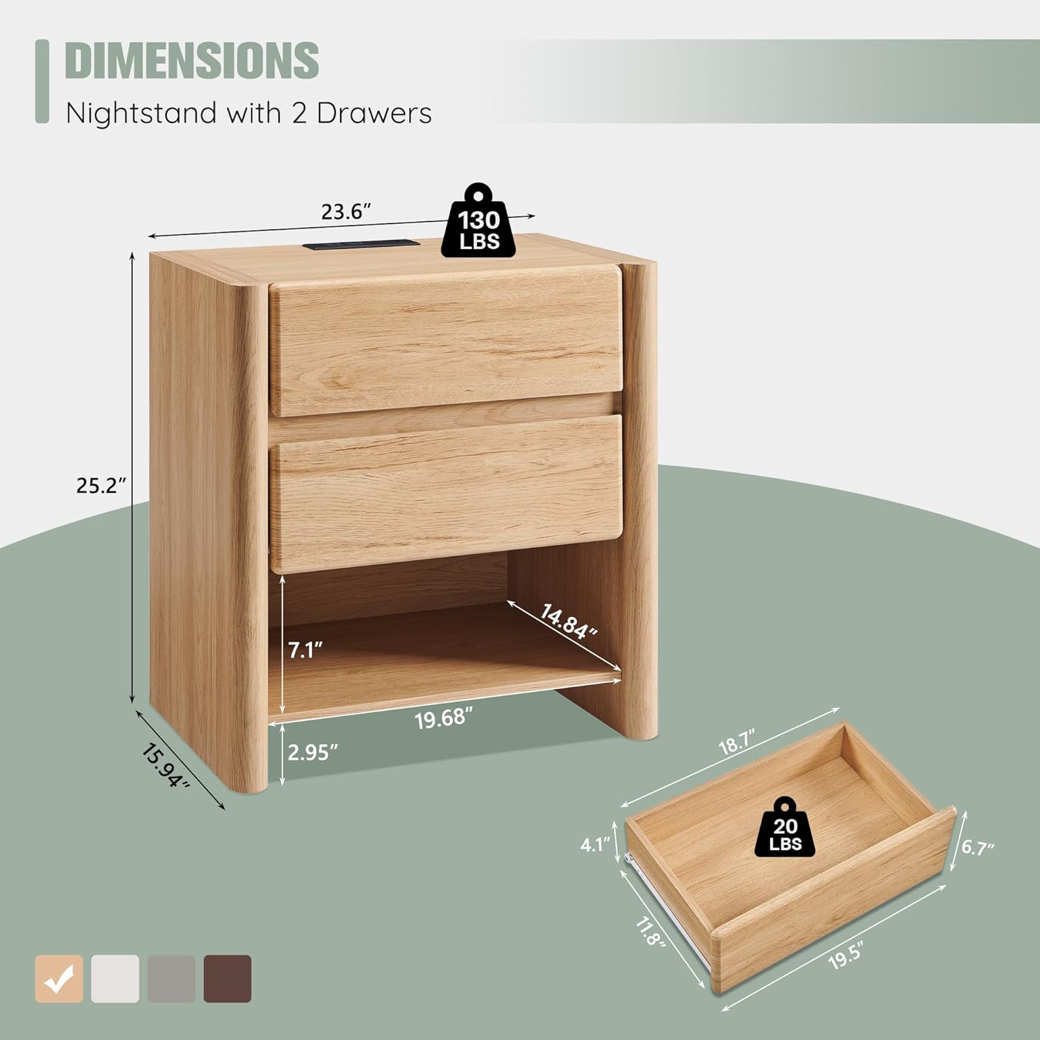 25 Tall Modern Nightstand Set of 2, 23.6 W Nightstand with Charging Station & 2 Storage Drawers & Open Shelf, Wood Night Stand w/Rounded Corner Design for Bedroom (Natural)
