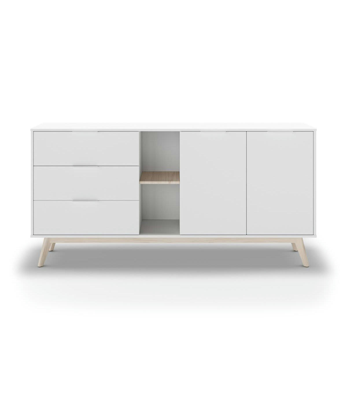 CAMPUS - Buffet 2 portes, 2 niches, 3 tiroirs blanc et pin massif - L165 cm