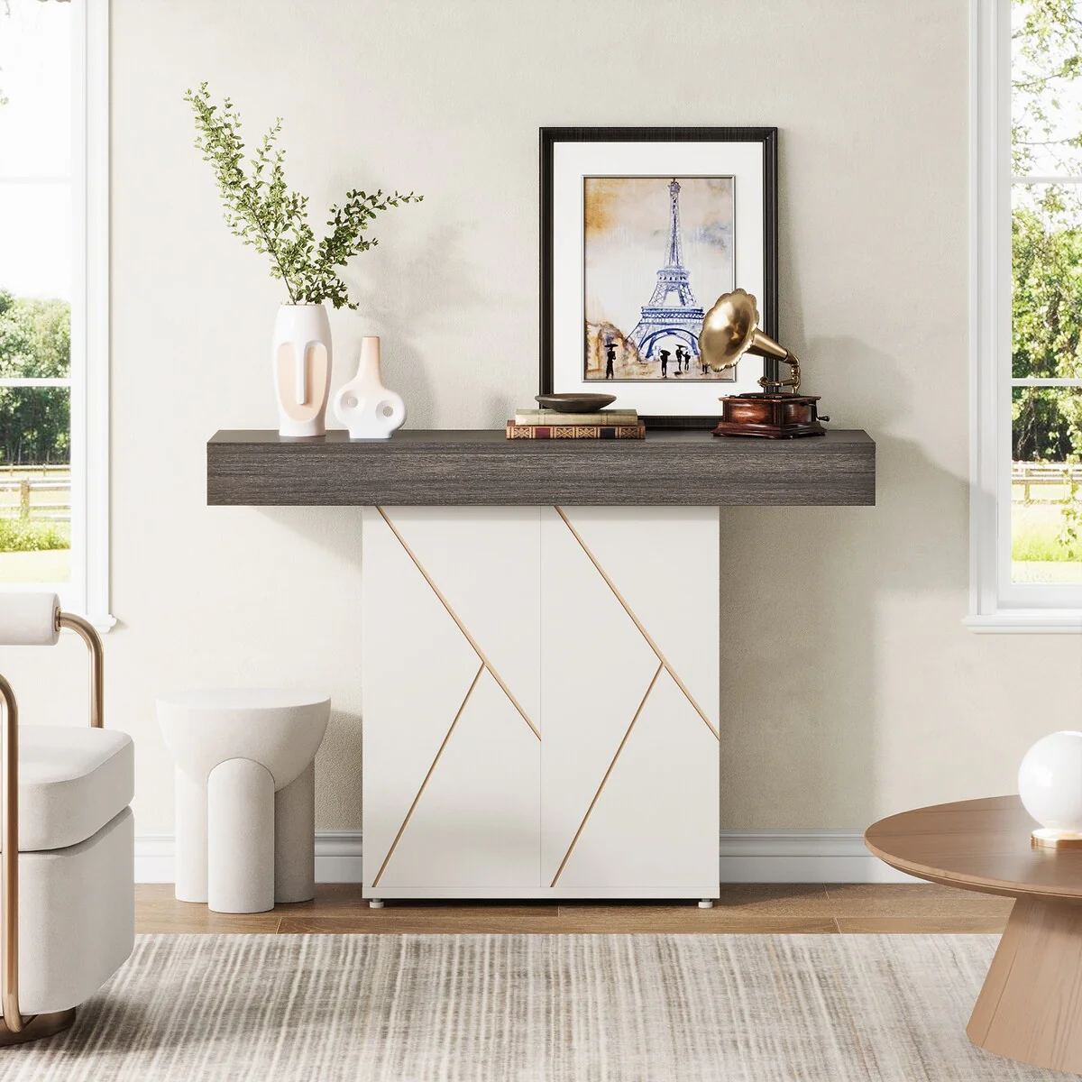 43.3'' Farmhouse Pedestal Console Table, Sofa Table For Living Room, Entry Table For Entryway, Narrow Desk