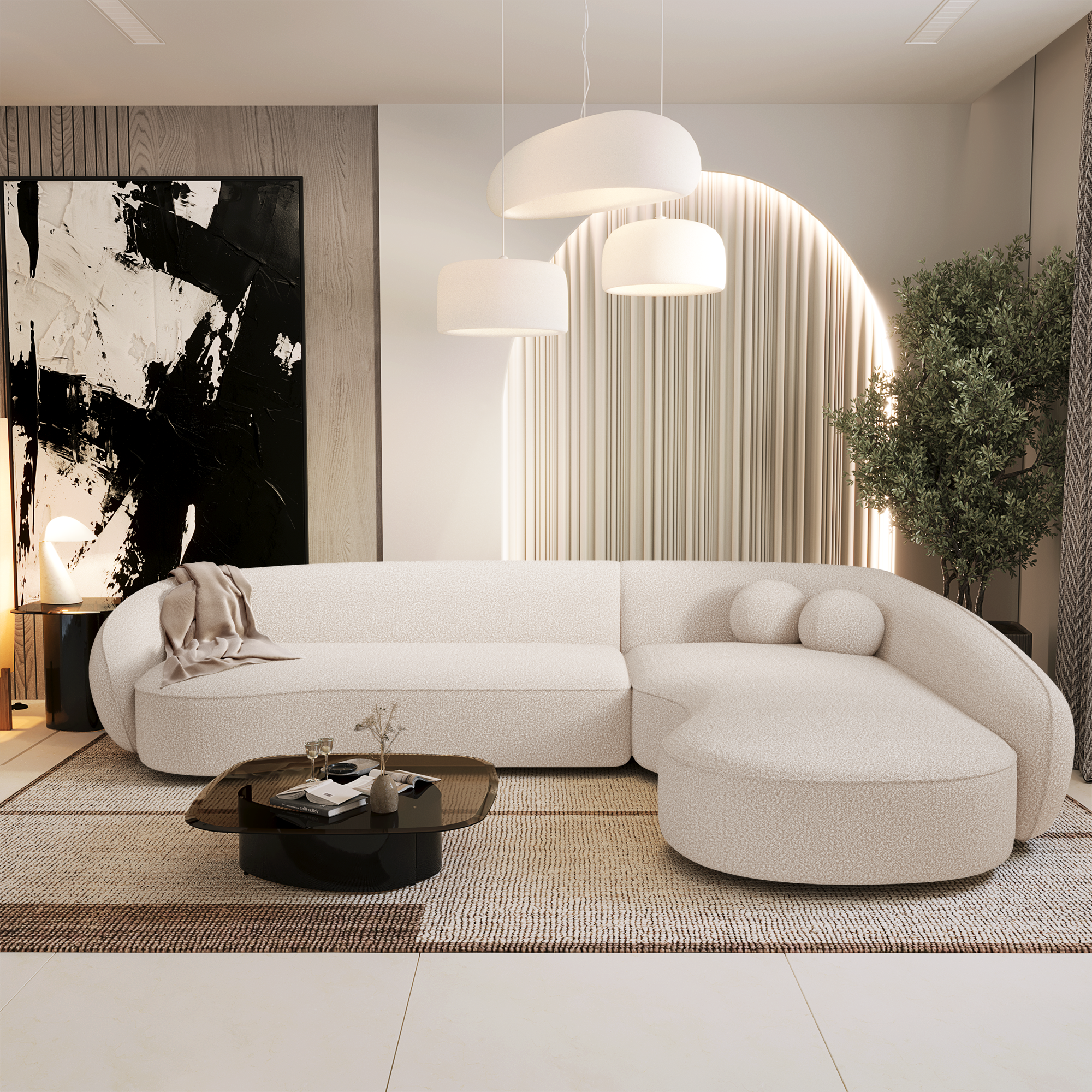 Rechte hoekbanken COOPER 4 personen Bouclette stof Gebroken wit