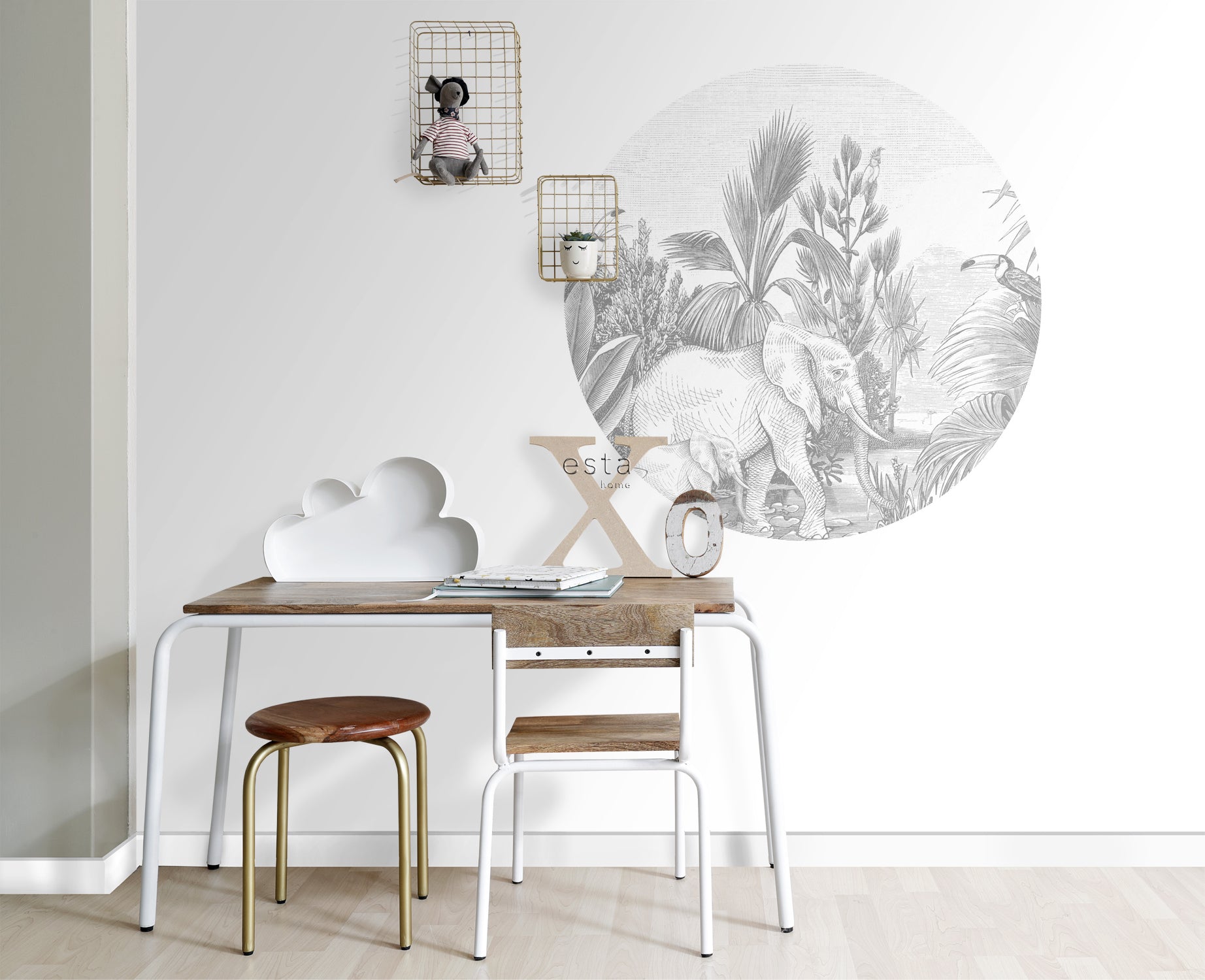 ESTAhome zelfklevende behangcirkel jungle-motief grijs - Ø 70 cm - 159075