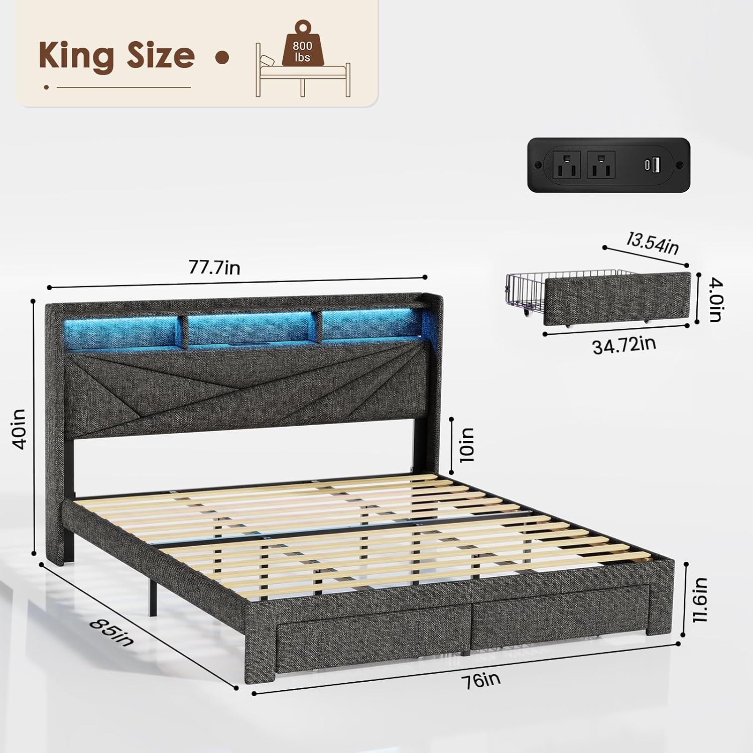 King Size Bed Frame, Upholstered King Bed Frame with 2 Storage Drawers, 2-Tier Headboard, Charging Station & LED Lights, No Box Spring Needed - Dark Grey