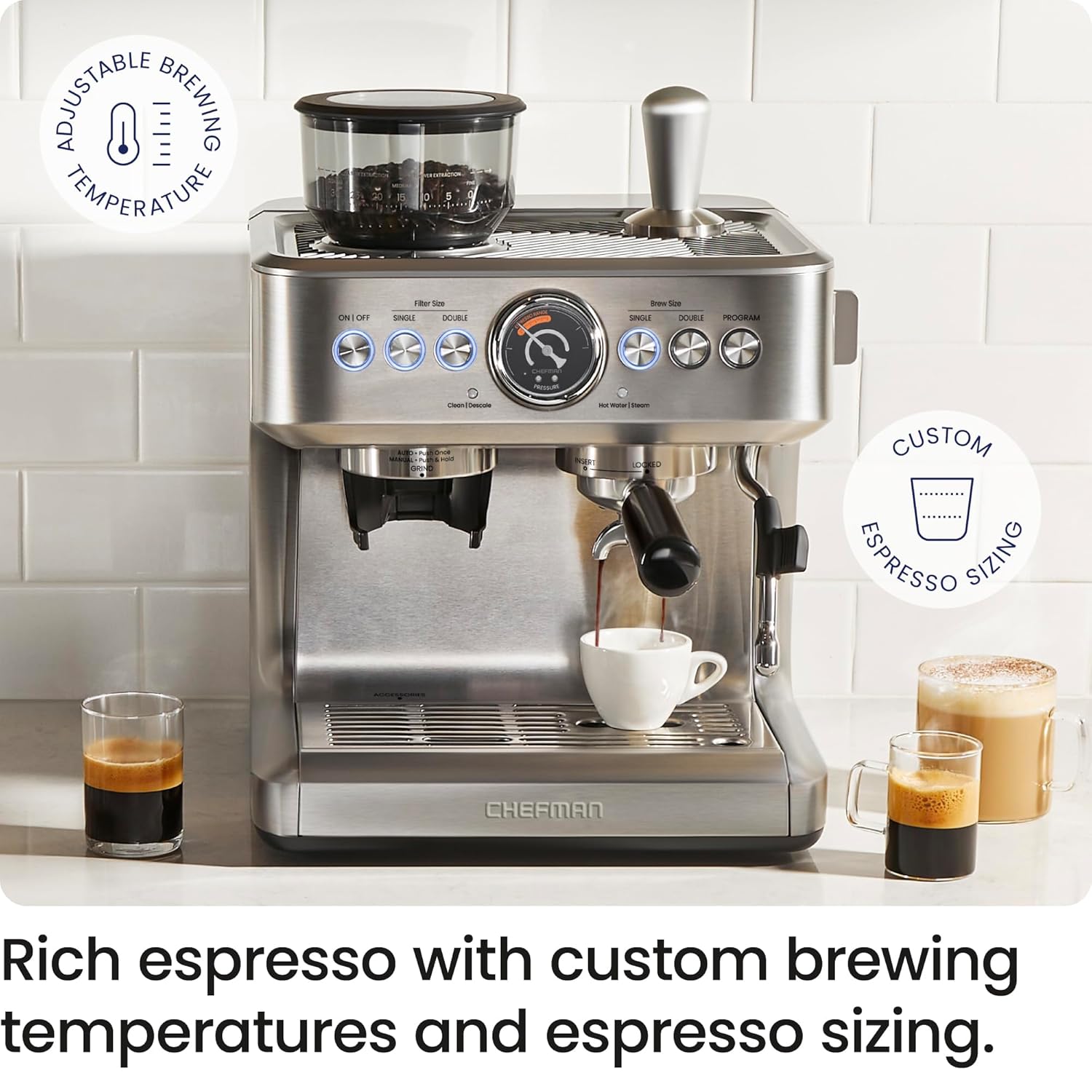 Chefman Crema Supreme 15 Bar Espresso Machine with Milk Frother, Barista Steam Wand, Professional Coffee Maker with Coffee Grinder, 30 Grind Settings, 3L Removable Water Tank - Stainless Steel