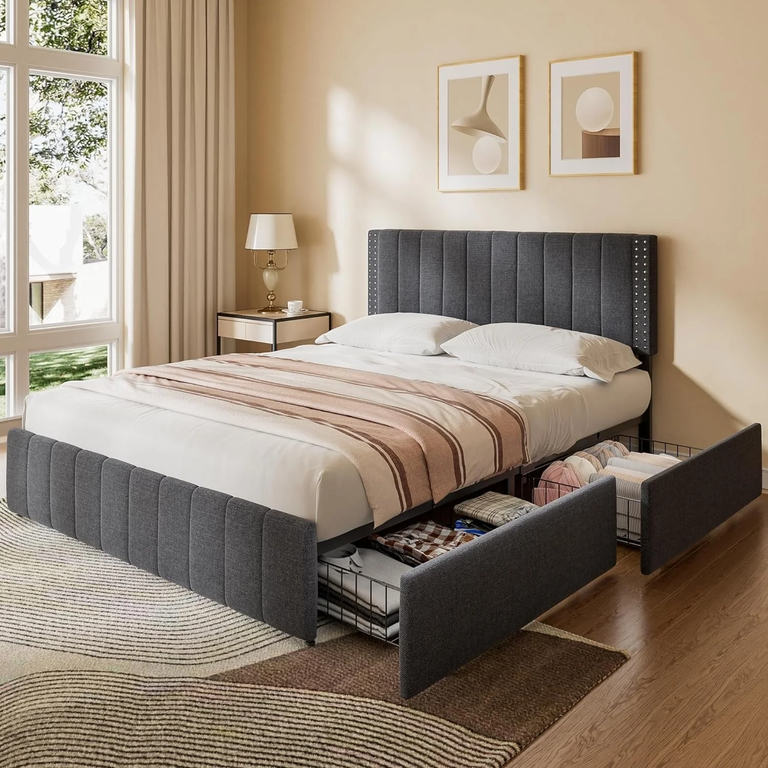 Full/ Queen Platform Bed Frame with 4 Storage Drawers Adjustable