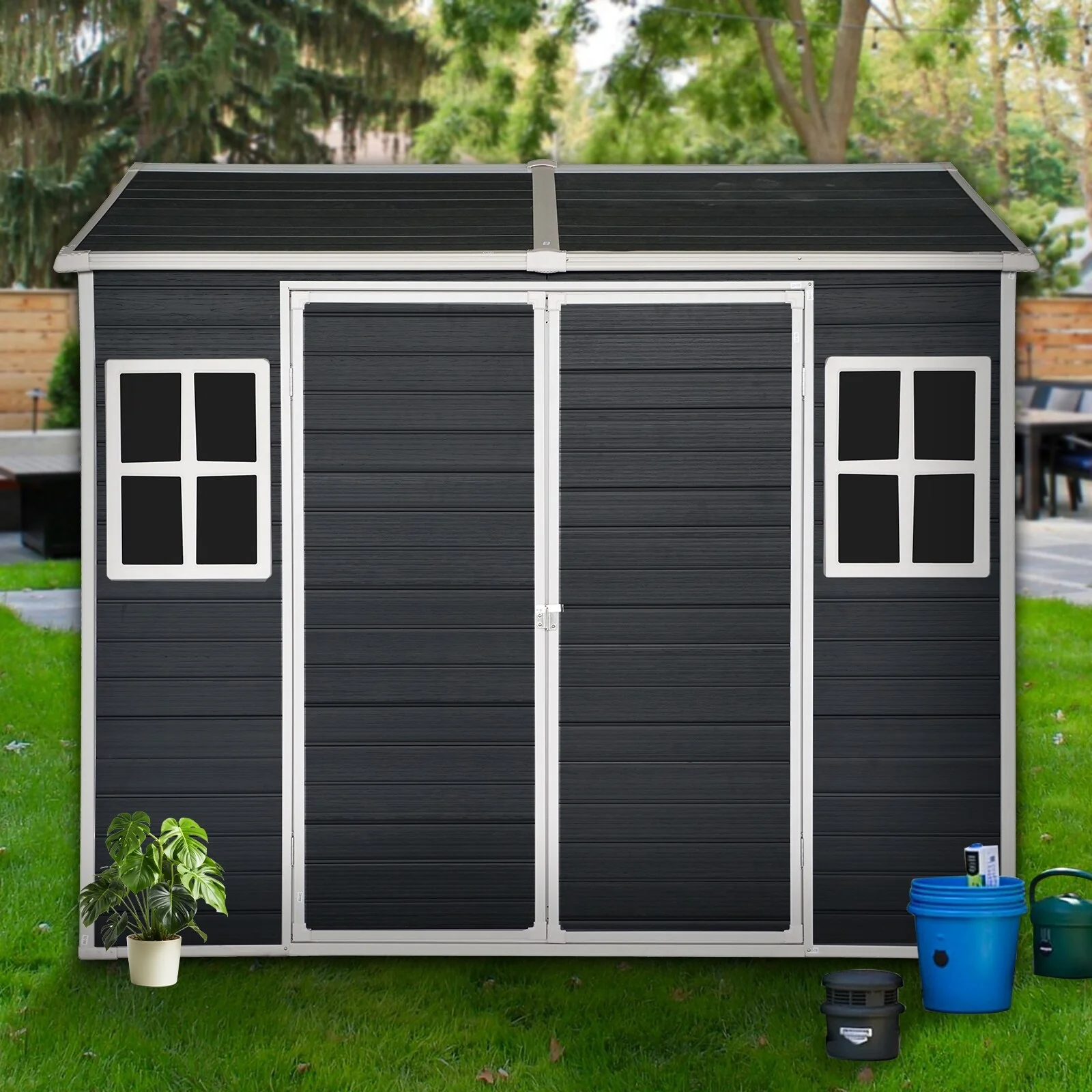 Outdoor Resin Garden Shed Rust-proof Storage Shed Tool Shed with Sloping Roof & Lockable Double Doors, Built-in Floor