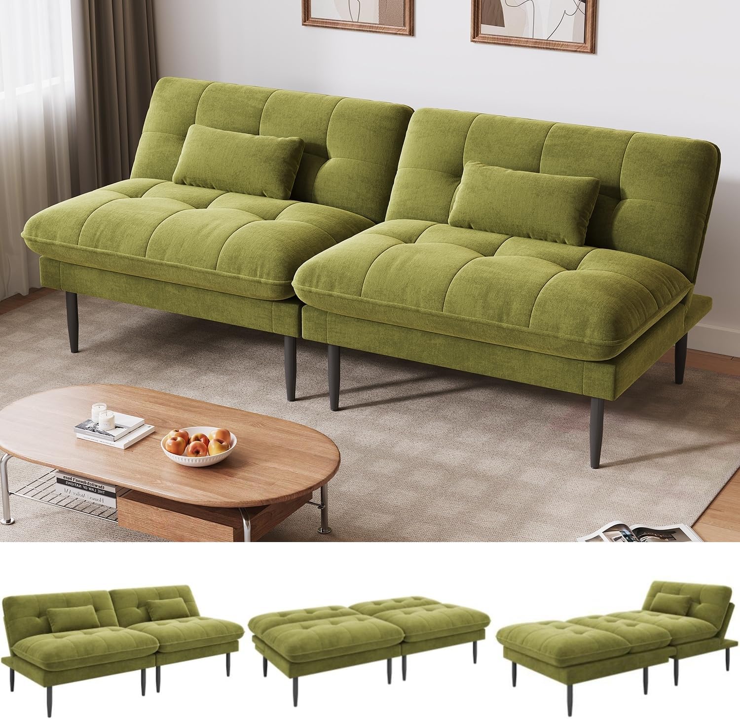 NEDYO 70 inch Convertible Futon Sofa Bed, Velvet Sleeper Sofa with Adjustable Backrest, Thick Fill and Convertible Modules, 4 in 1 Loveseat Couch for Living Room, Olive Green