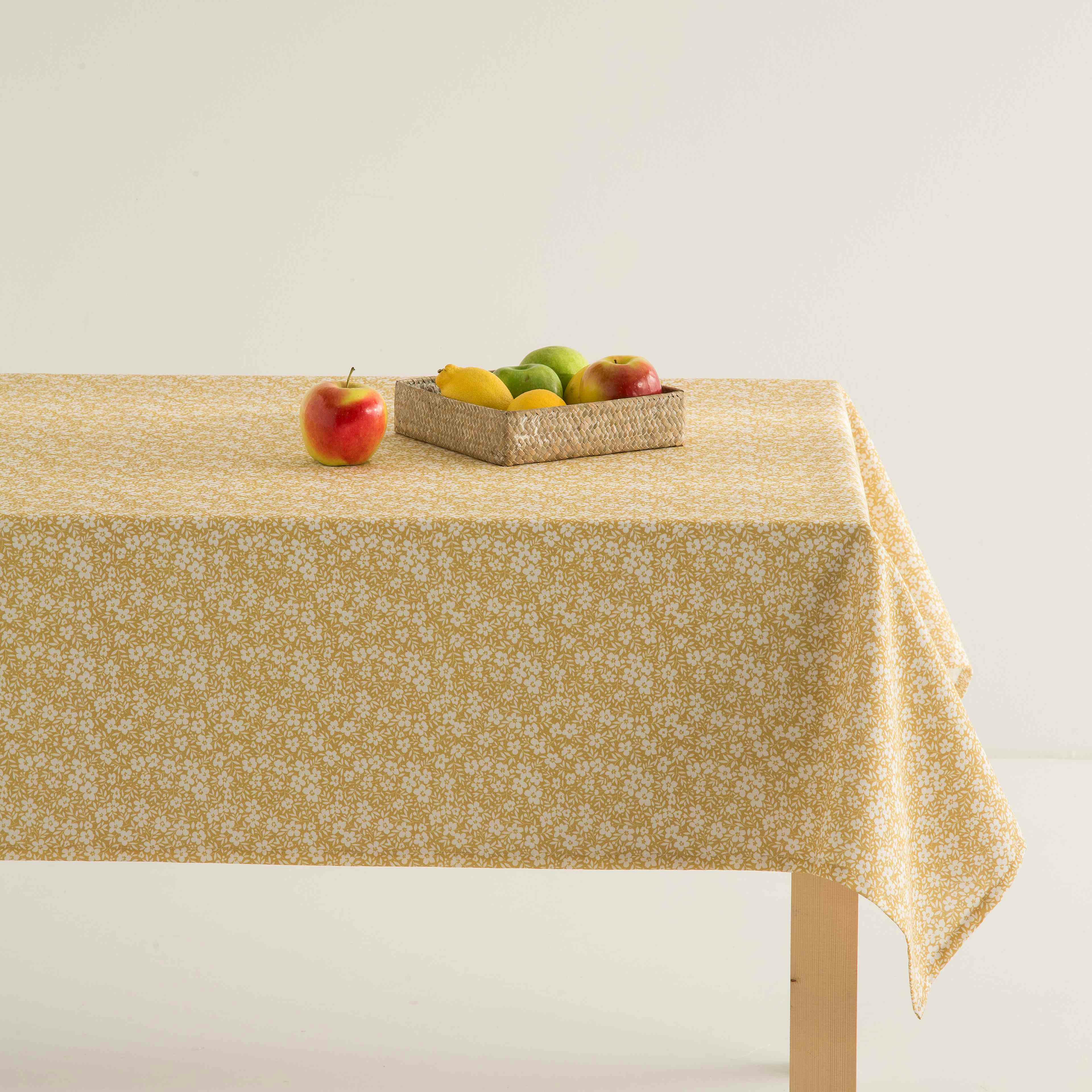 XILO OCRE - Nappe imprimée jaune avec traitement anti-taches en coton 140x300 cm