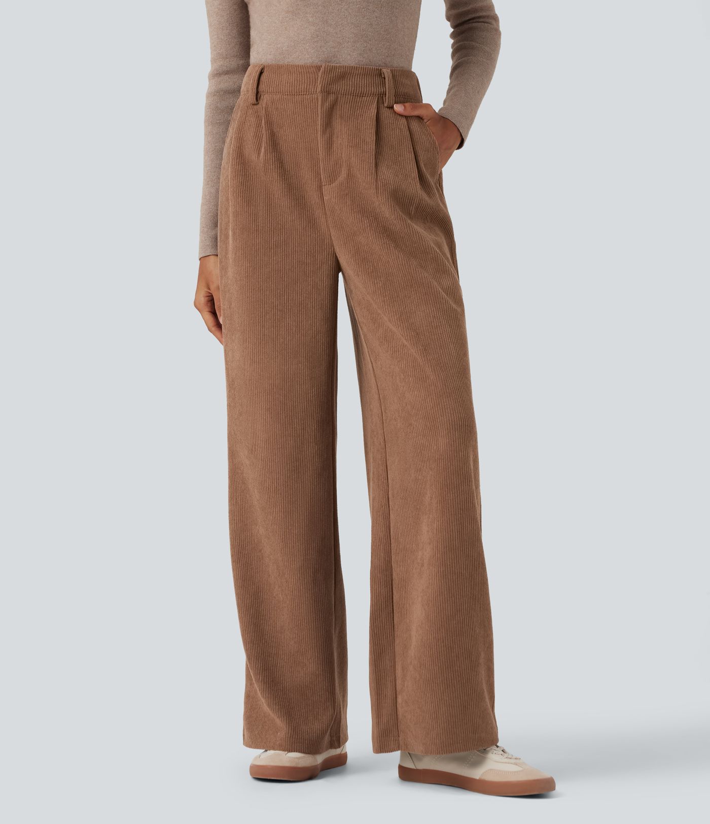 Pantalon ample décontracté velours côtelé taille haute avec poches