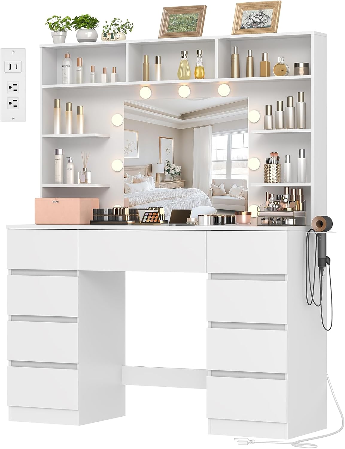 Vanity Desk with Mirror and Lights,43 Makeup Vanity Table with 9 Drawers and 7 Storage Shelves, Power Outlet & Adjustable LED Lights, Dressing Table for Bedroom，White