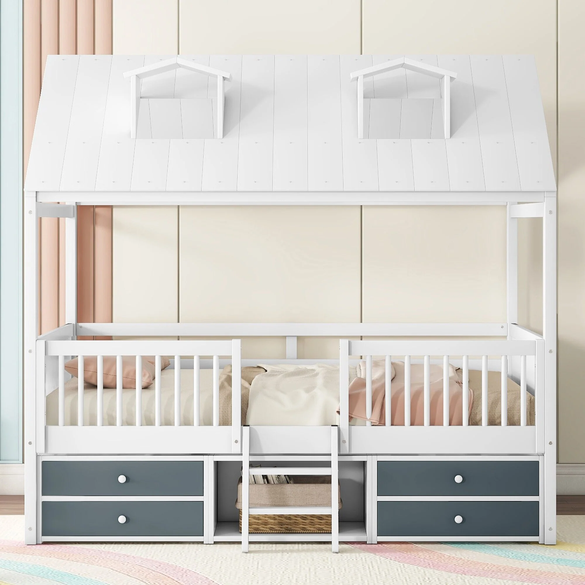 House Bed Wood Low Loft Bed House-shape Frame Bed with 2 Roof Skylights, Kids Storage Bed with 4 Drawers, Guardrail and Stairs