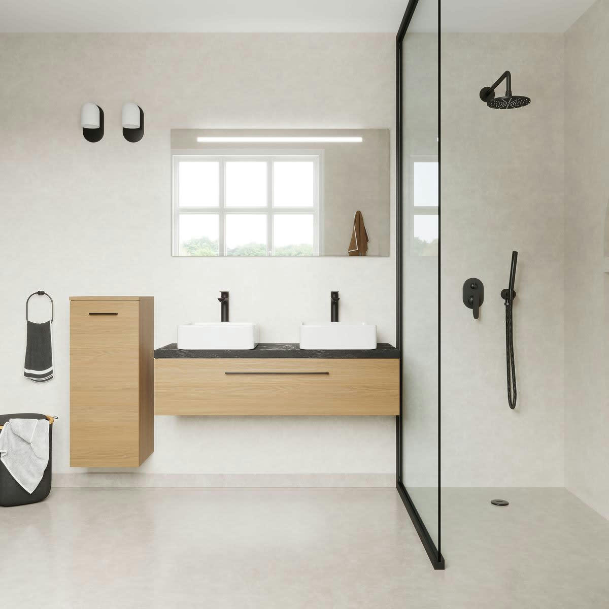 GLASGOW - Meuble salle de bain 2 vasques posées 120cm 1 tiroir Chêne