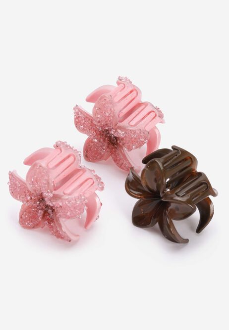 Womens 3pk Pink Sparkle Mini Flower Hair Clips