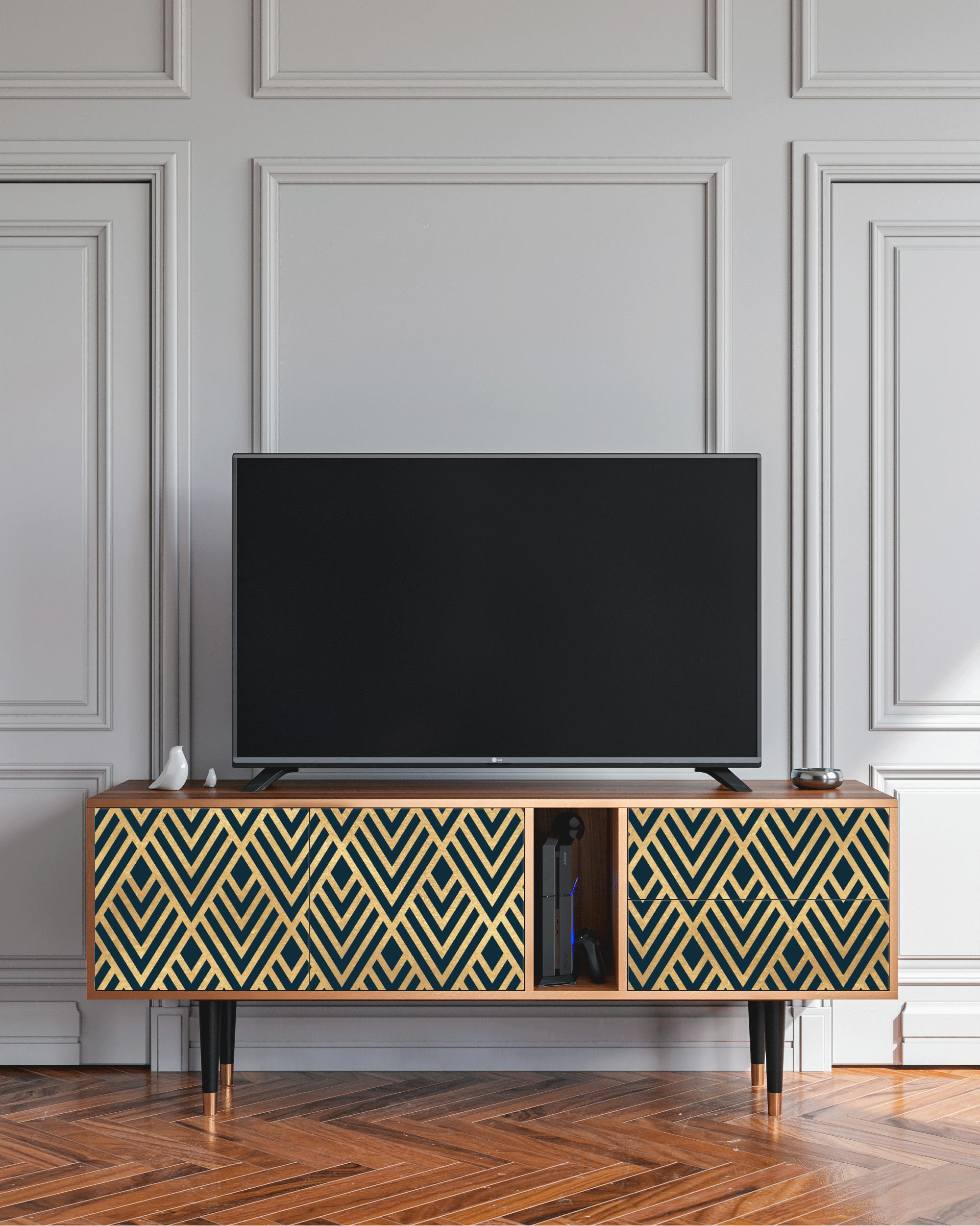 EGYPT TRIANGLES - Meuble TV  bleu 2 tiroirs et 2 portes L 170 cm