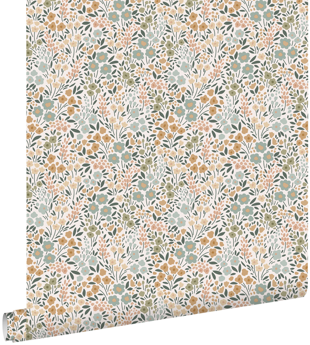 ESTAhome behang bloemetjes grijsblauw, terracotta roze en groen - 53 cm x 10.05 m - 139837