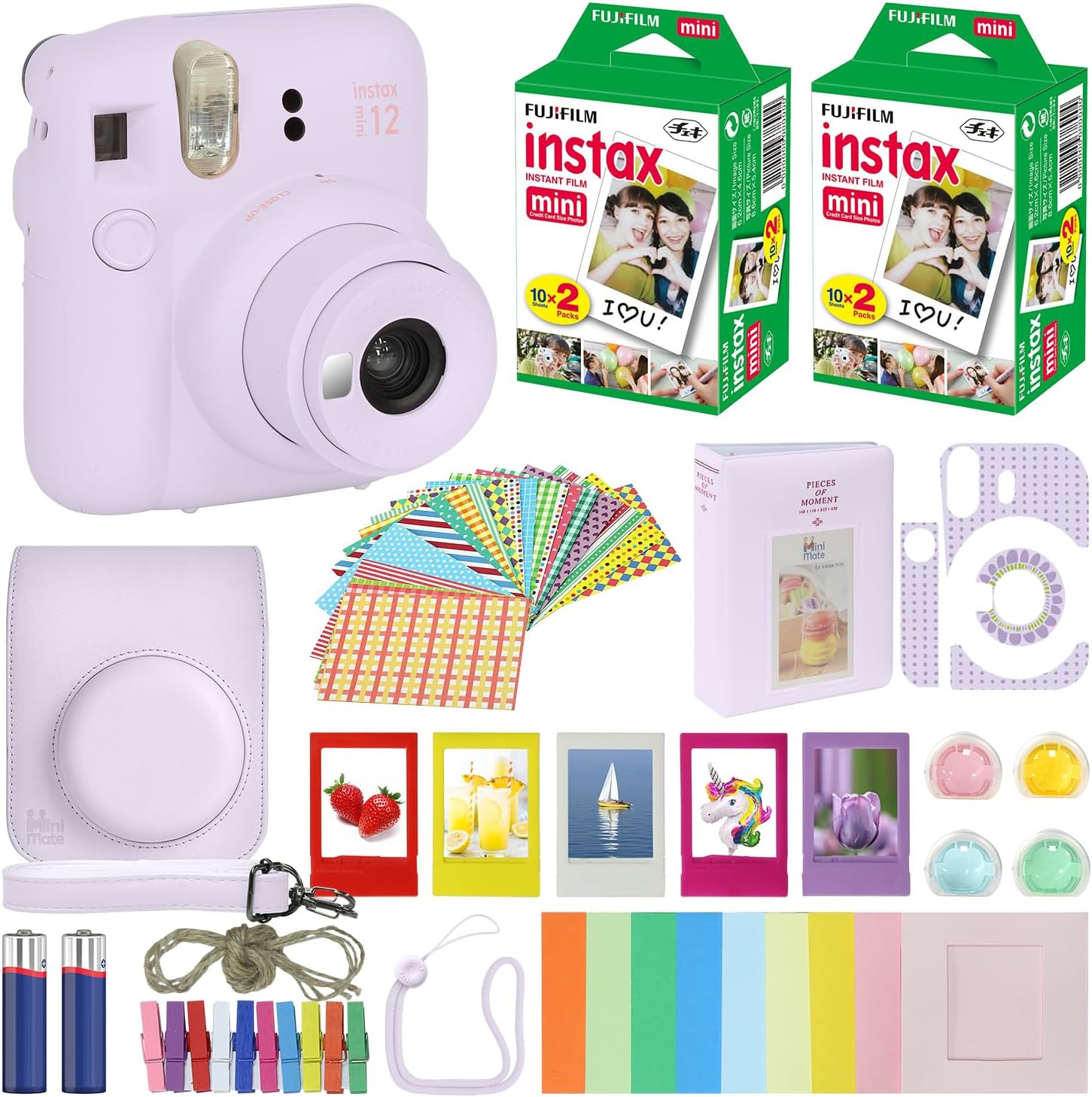 Fujifilm Instax Mini 12 Instant Camera Lilac Purple + Carrying Case + Fuji Instax Film Value Pack (40 Sheets) Accessories Bundle  Color Filters  Photo Album  Assorted Frames