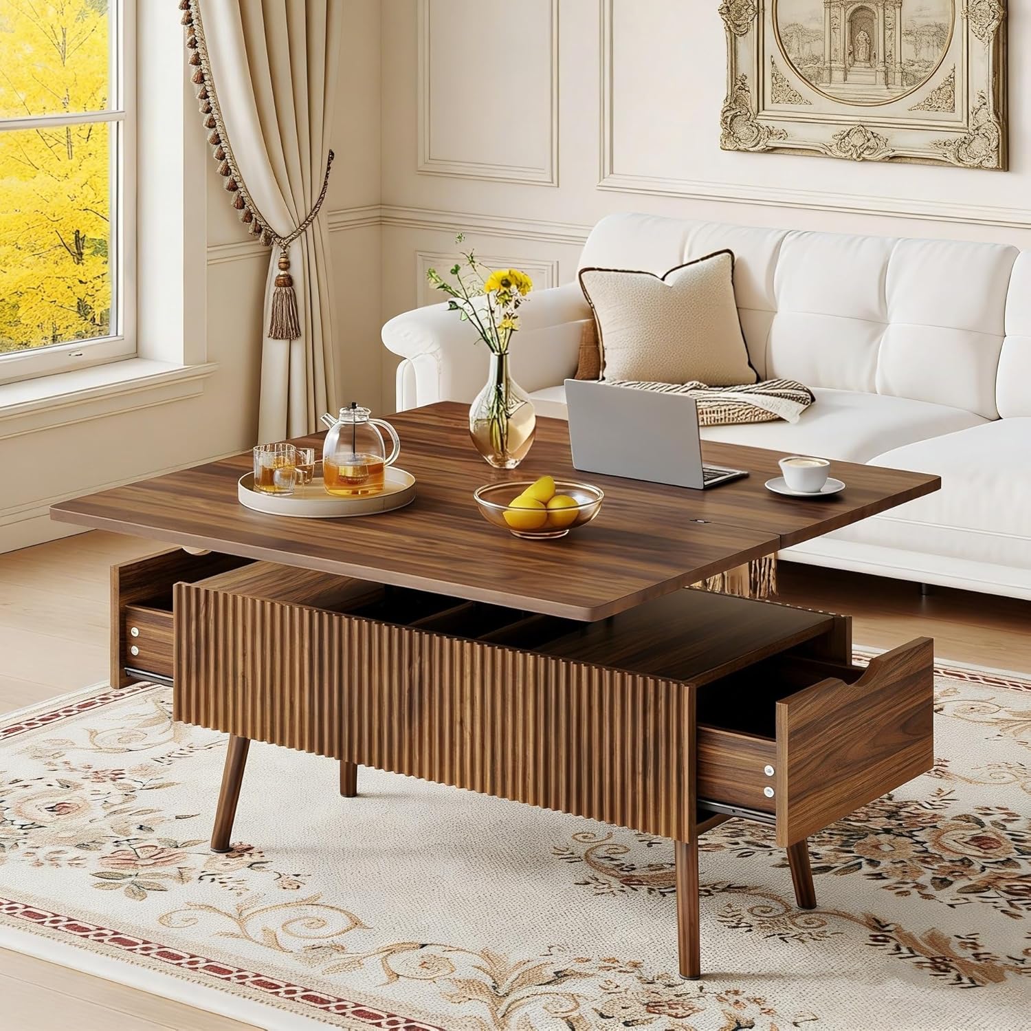 40 Lift Top Coffee Table, 4 in 1 Multi-Function Coffee Tables with Storage Drawers and Lift Tabletop, Mid Century Modern Dining Table Fluted Center Table for Living Room, Walnut