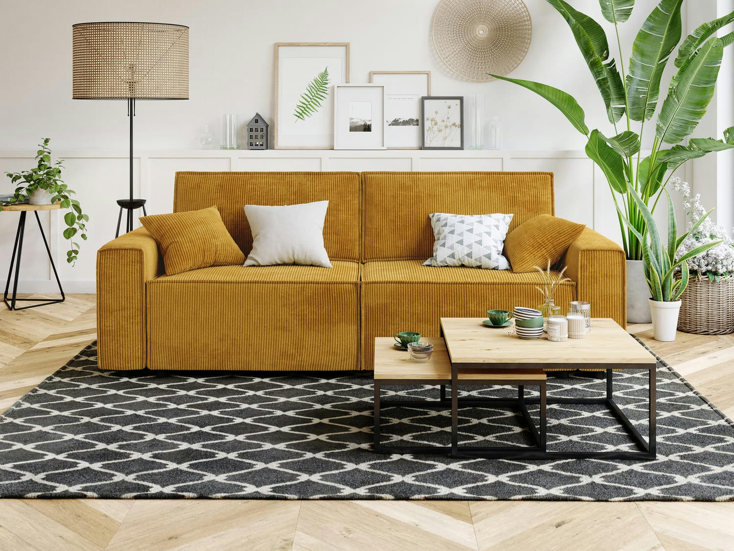 MIRA - Canapé droit convertible en velours côtelé 3 places moutarde