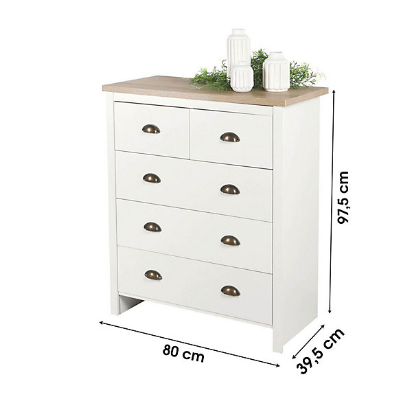 Commode avec 5 tiroirs design colonial80x39,5xH97,5 cm, coloris blanc et plateau chene clairCollection MADERA