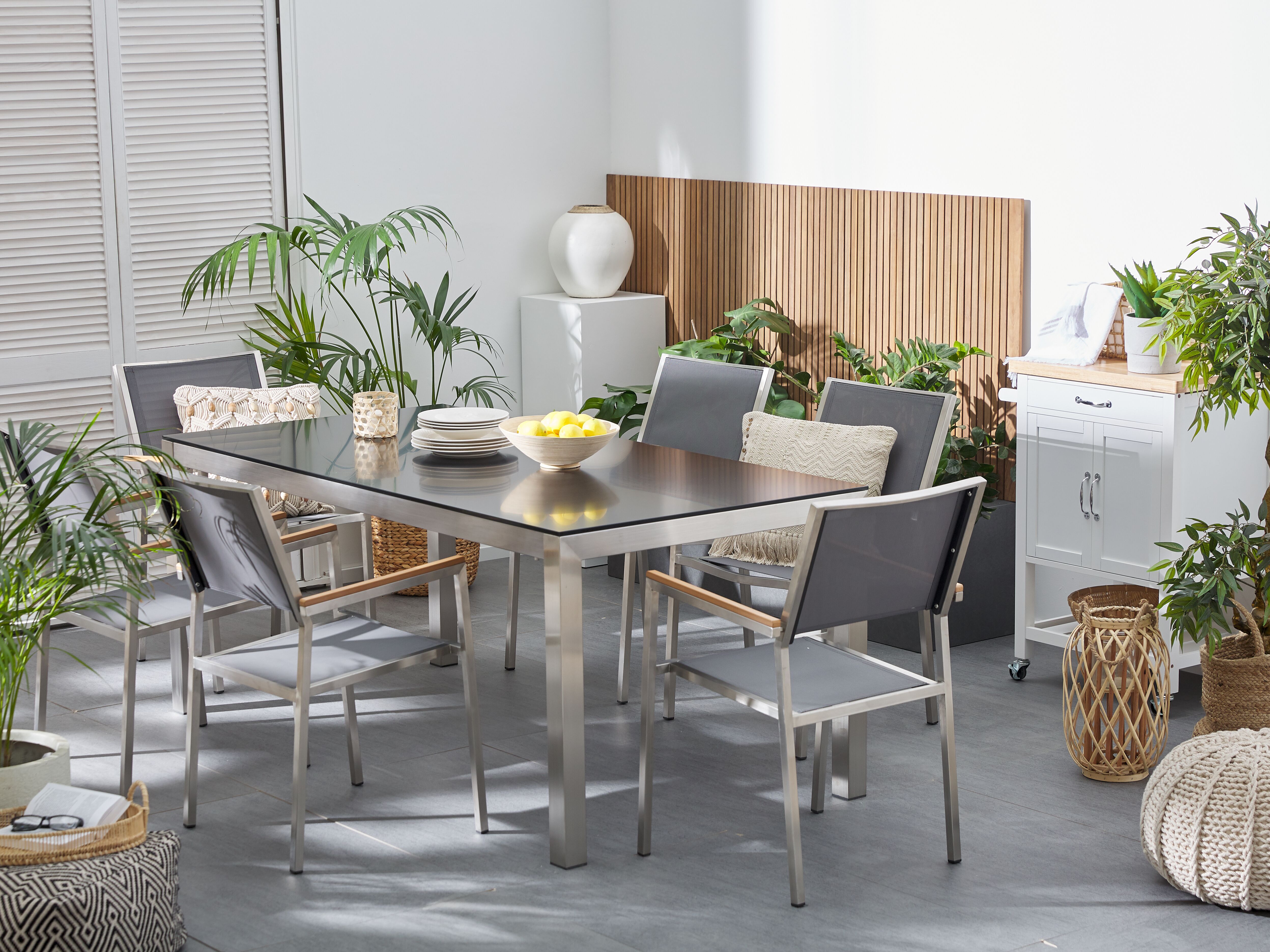 Garden Dining Set 6 Seater GROSSETO Tempered Glass Grey/ Black