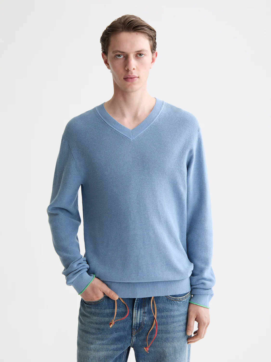 Regular-Fit Cotton Linen V-Neck Pullover