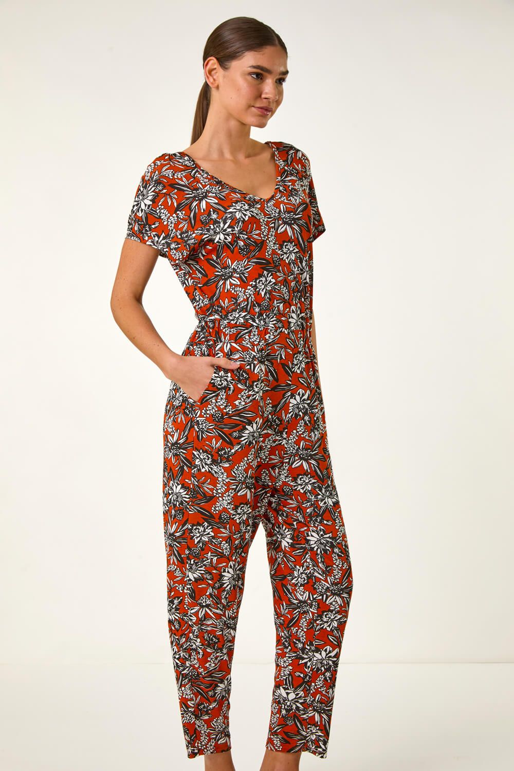 Roman Floral Print V-Neck Stretch Jumpsuit