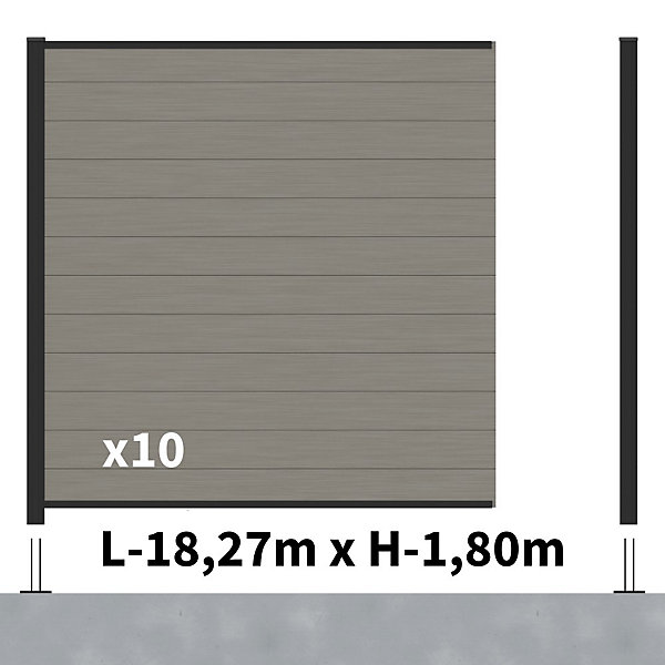 Kit Clôture Composite RIO Platines 18x1,8m - Bois composite &Aluminium - Poteaux Noir sur Platines- Brise vue - Palissade