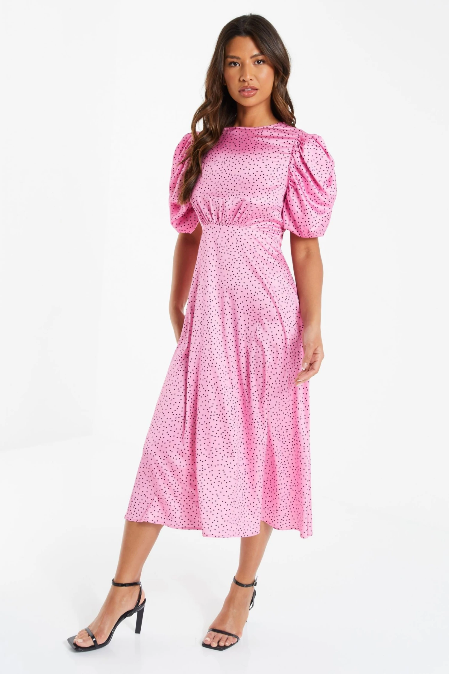 Quiz Pink Polka Dot Satin Midi Dress