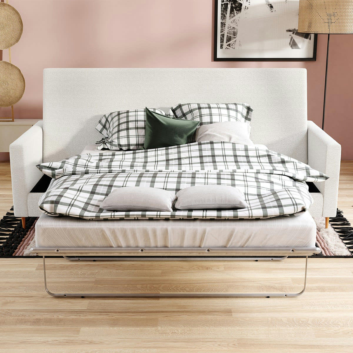 CARLA - Canapé convertible 4 places en tissu bouclé écru, MADE IN FRANCE