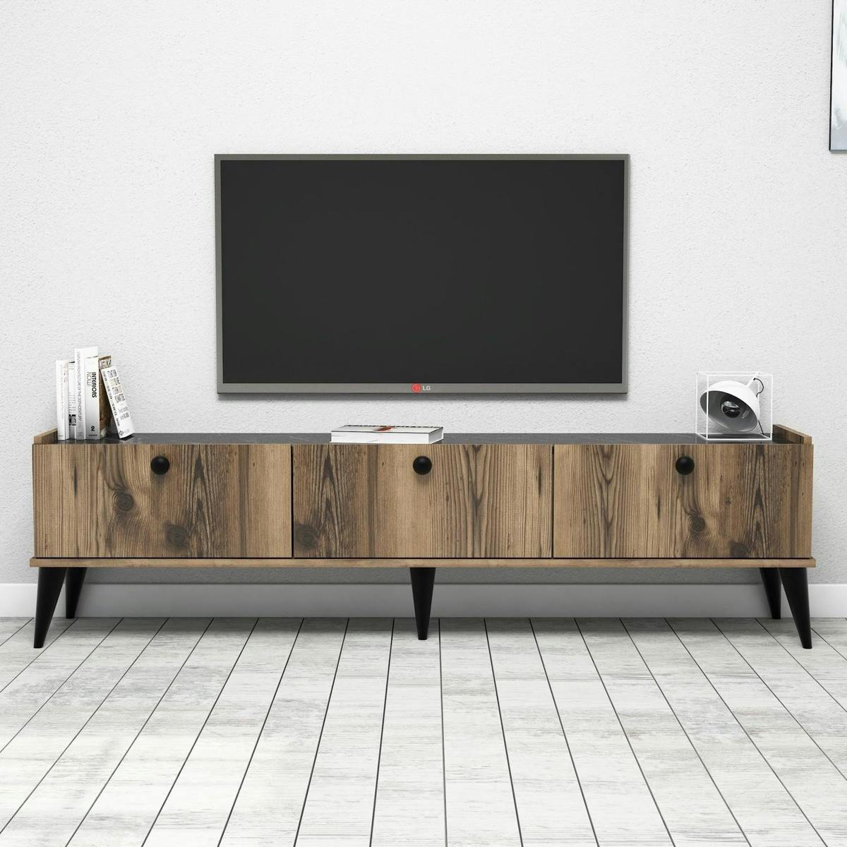 Meuble TV vintage 3 portes décor bois foncé et marbre UMEA