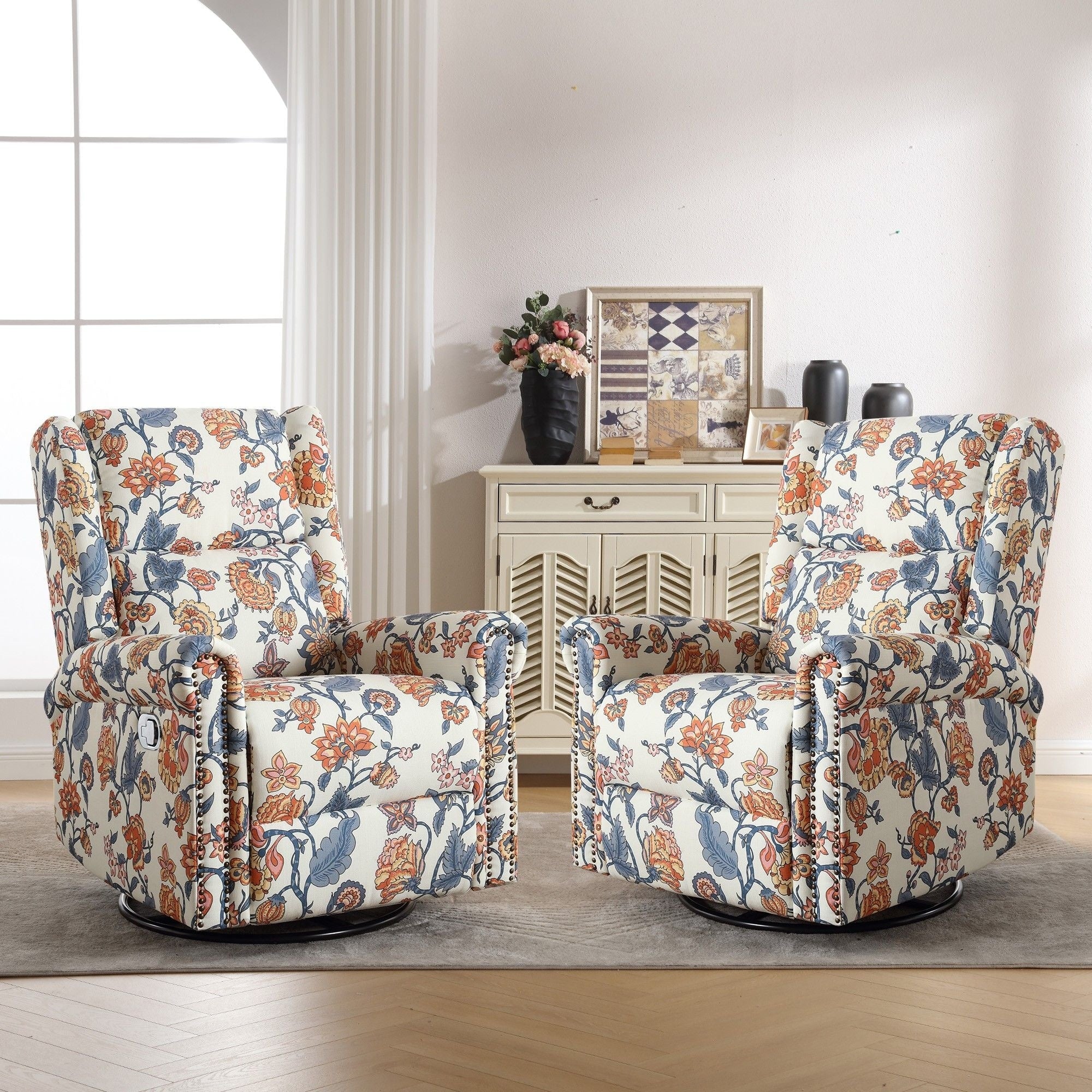 HOMYKA Floral Manual Recliner Swivel Rocking Chair Glider Set of 2
