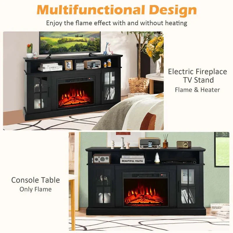 58 TV Console with 23 Fireplace Insert, Fireplace TV Stand for TVs up to 65 Inches, 1400W Electric Fireplace Heater(Black)