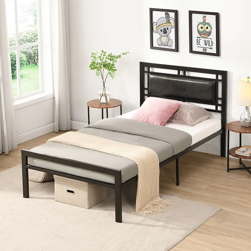 Upholstered Metal Platform Bed with Modern Straight Lines