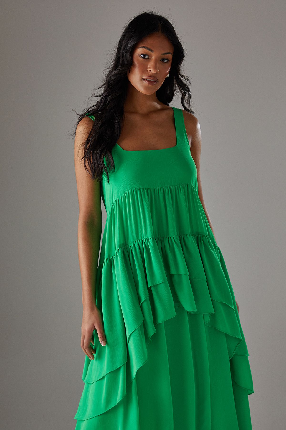 Warehouse Chiffon Ruffle Tier Smock Midi Sundress