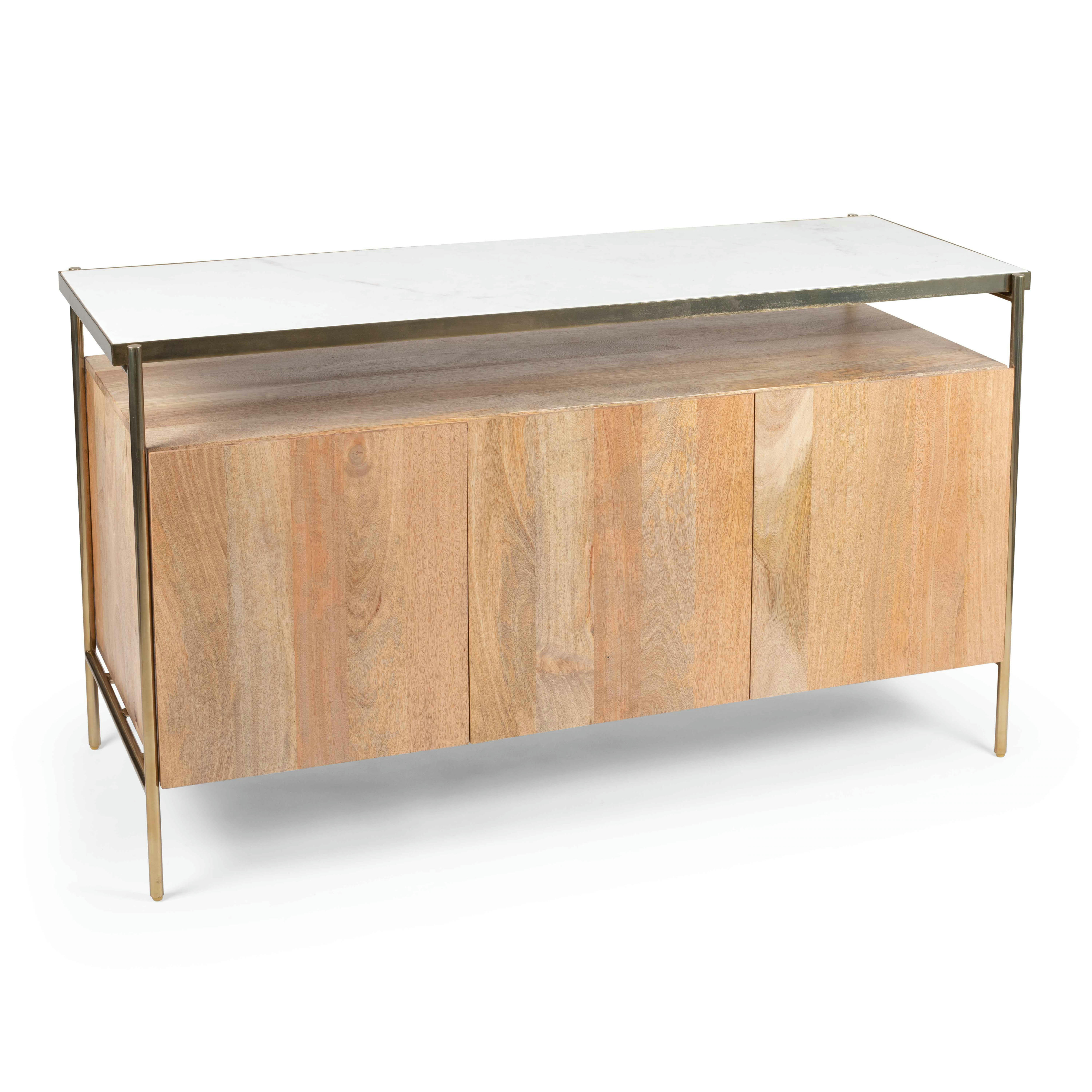 PAHELI - Buffet 3 portes en marbre et manguier 138 cm blanc