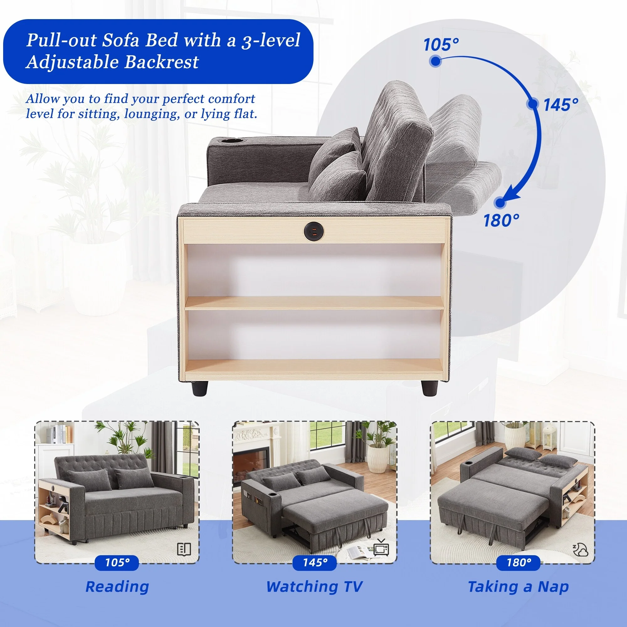 Pull-Out Sofa Bed Convertible Couch Loveseat Sofa Modern Sleeper Sofa With Adjustable Backrest
