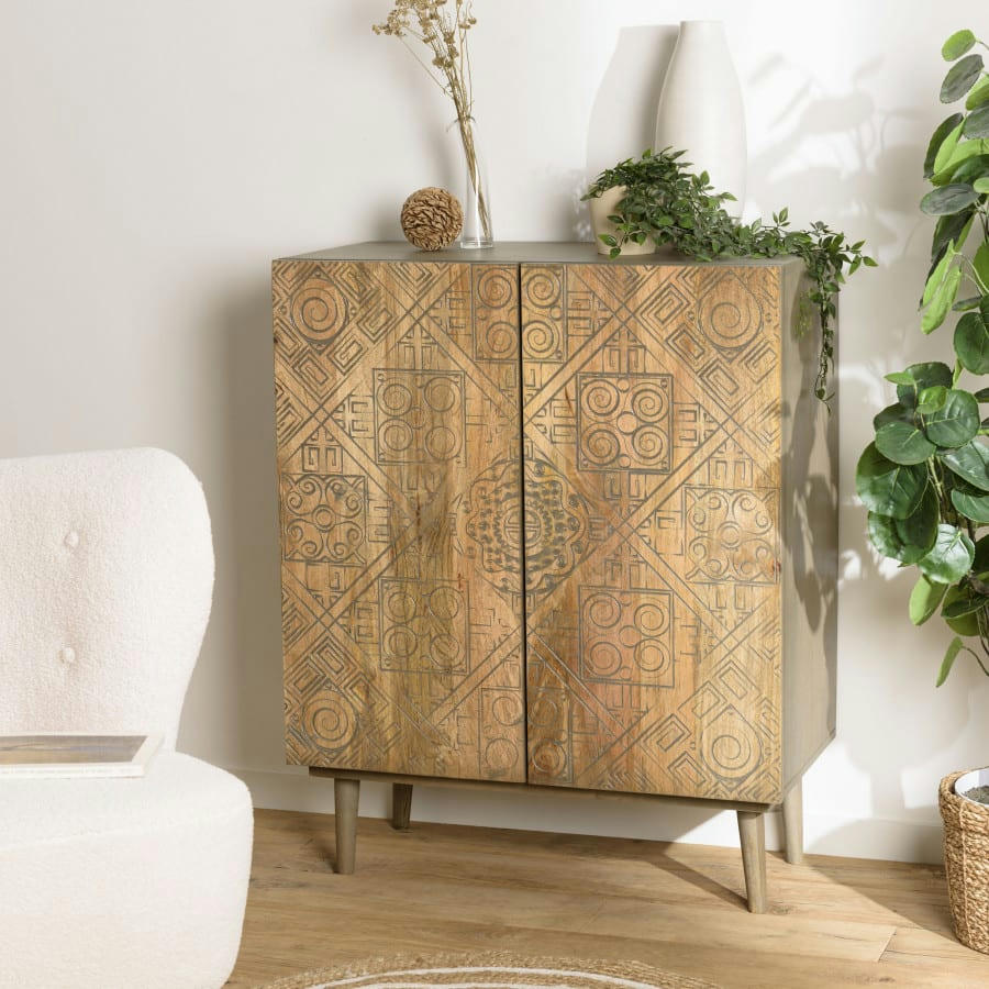 ISA - Buffet en manguier 2 portes motifs ethniques aspect effet vieilli