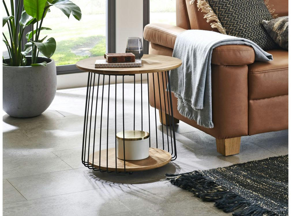 VINCA - Table basse ronde  en métal noir et chêne massif - Noir / Bois