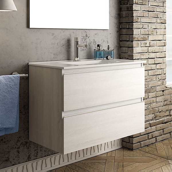 Ensemble meuble de salle de bain 80cm simple vasque   colonne de rangement - BALEA - hibernian (bois blanchi)