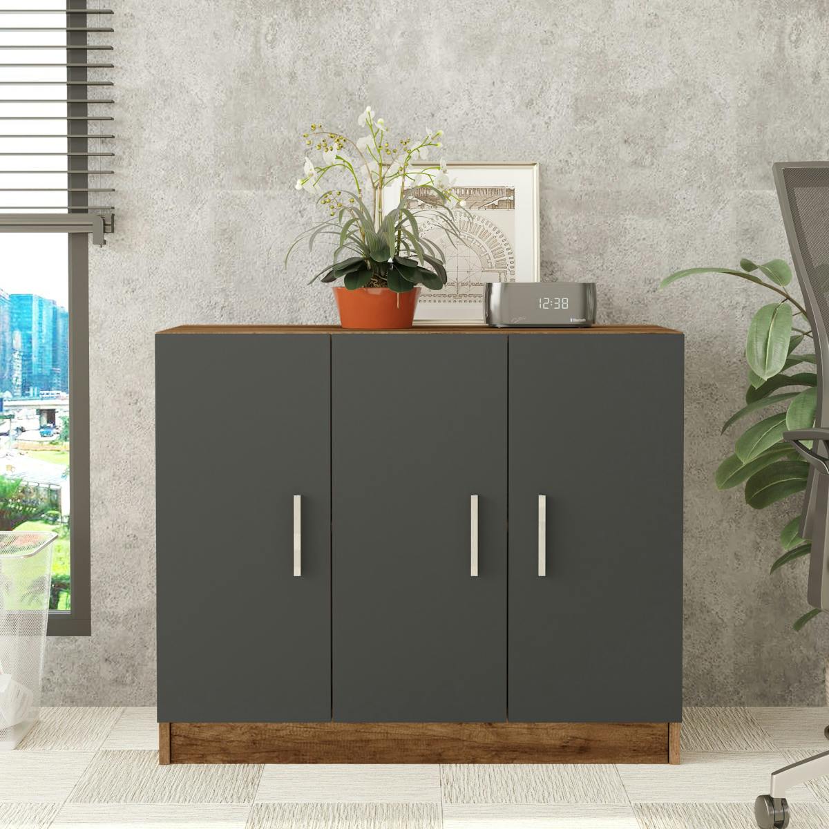 Meuble de rangement bureau 3 portes anthracite MARFA