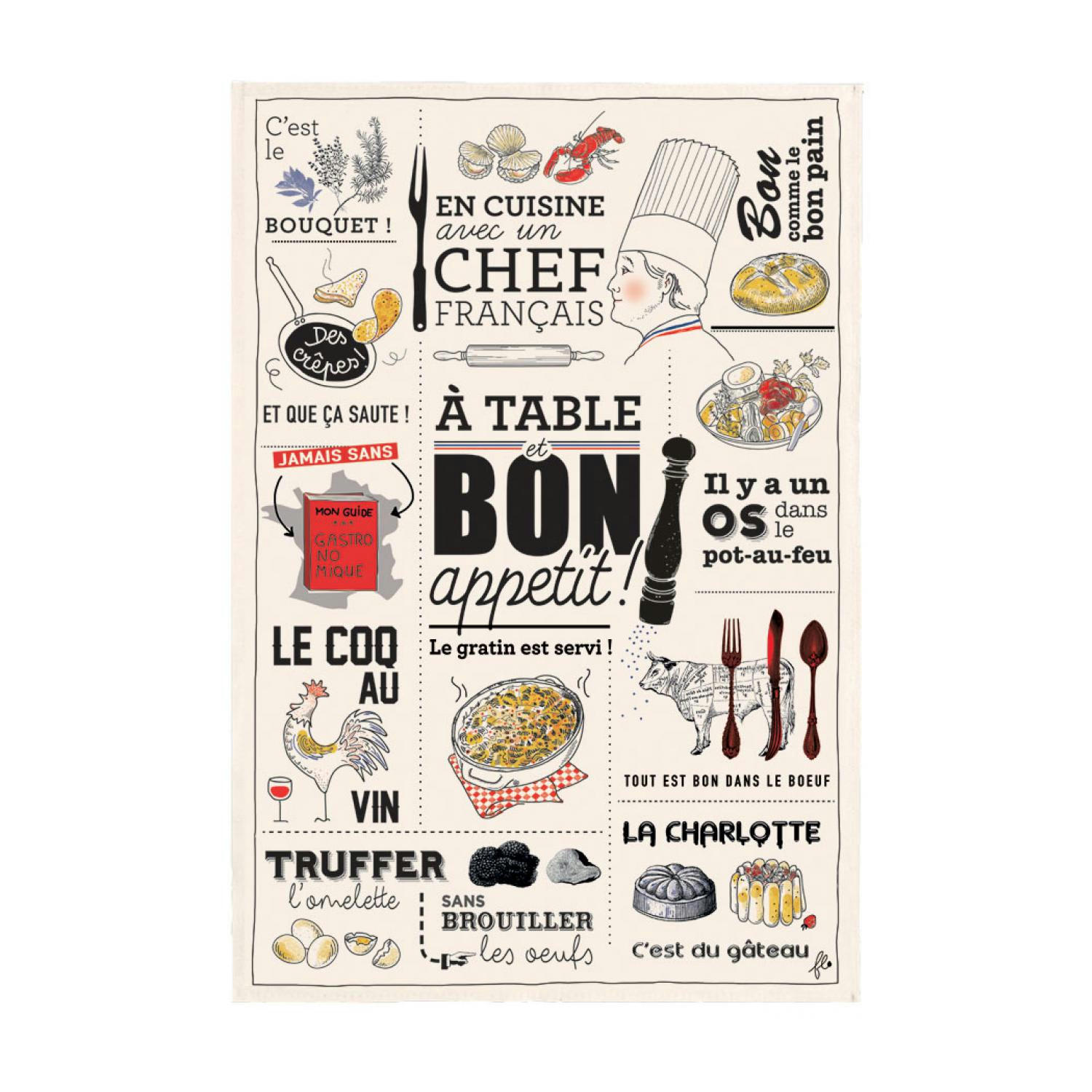 GASTRONOMIE ET VIN - Torchon cuisine française en coton ecru 48 x 72