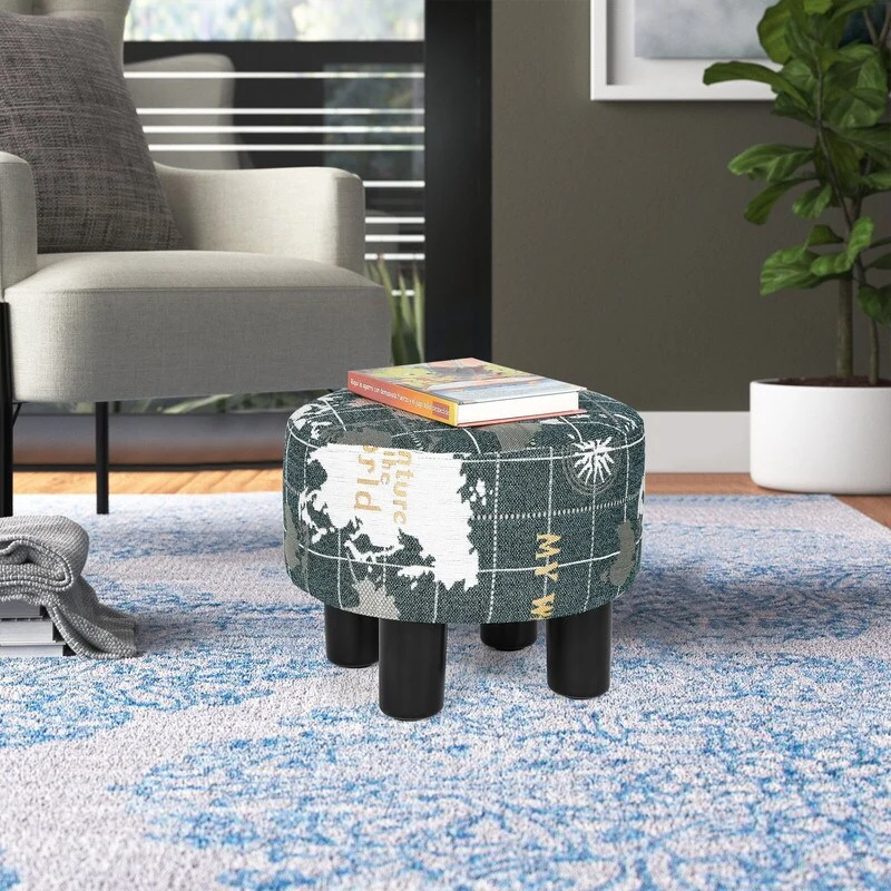 Adeco Round Ottoman Fabric Footrest Modern Padded Chair Footstool