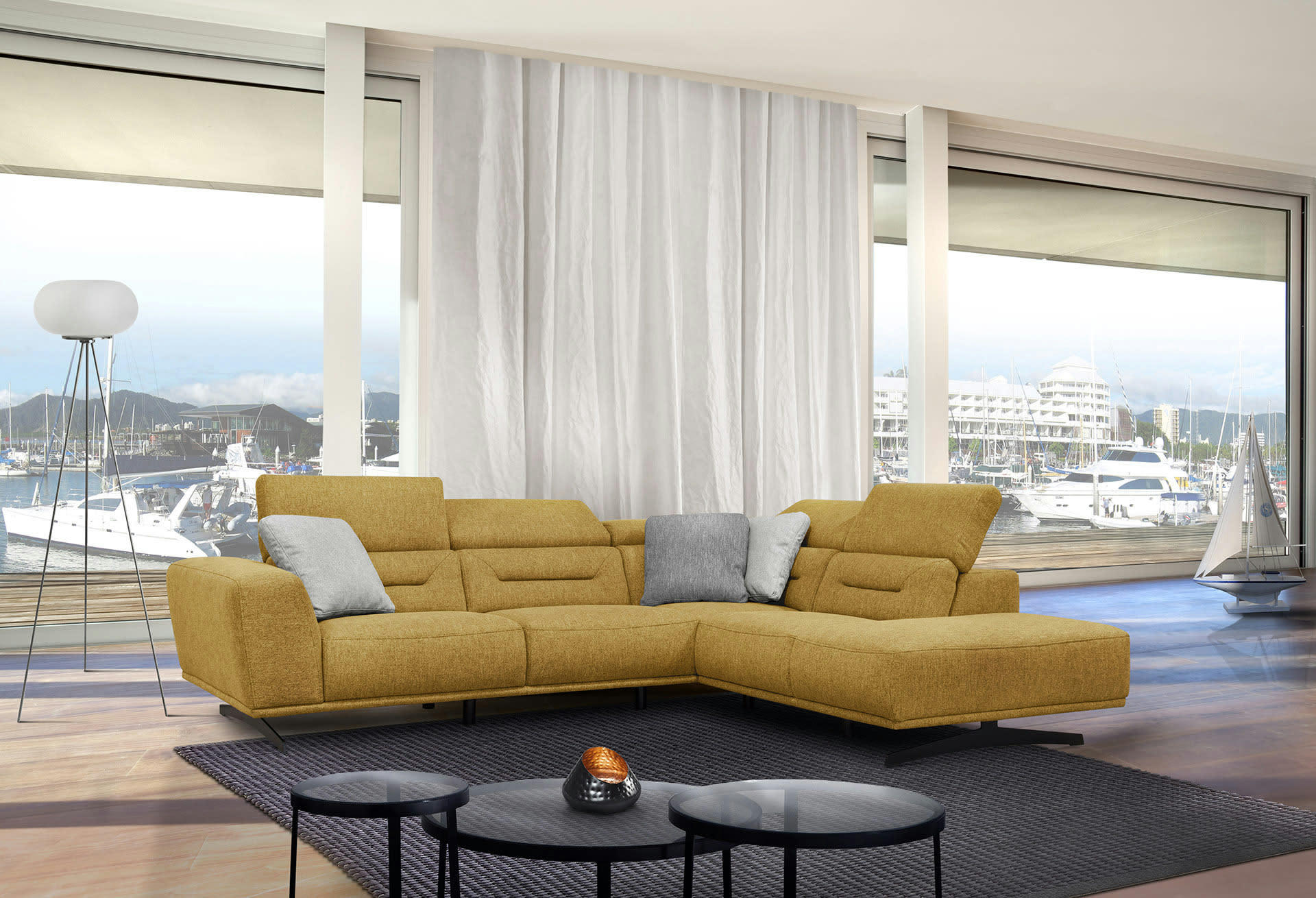 LUCANO - Canapé d'angle droit 5 places tissu orange