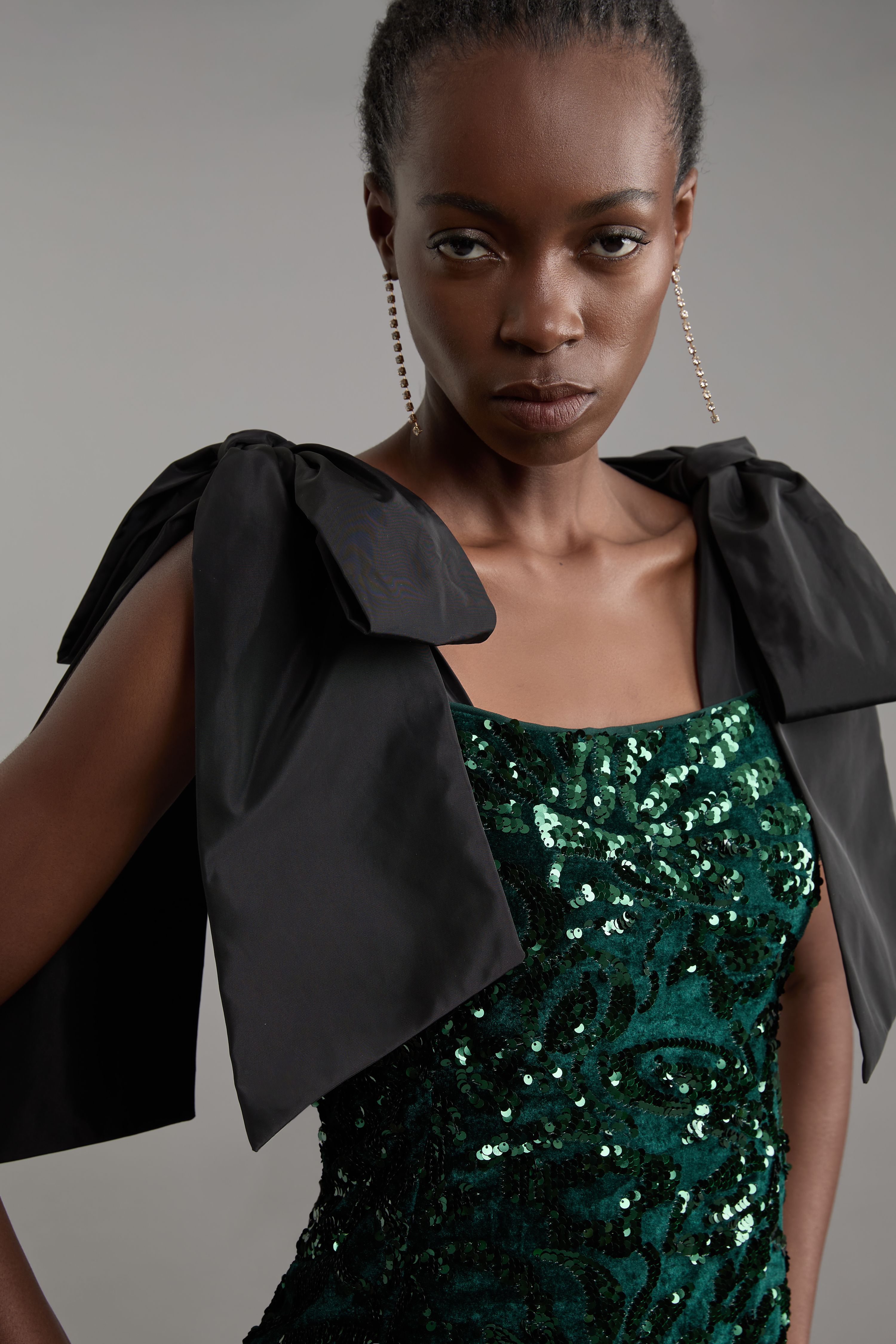 KarenMillen Velvet Sequin Woven Mini Dress With Taffeta Bow Tie Detail