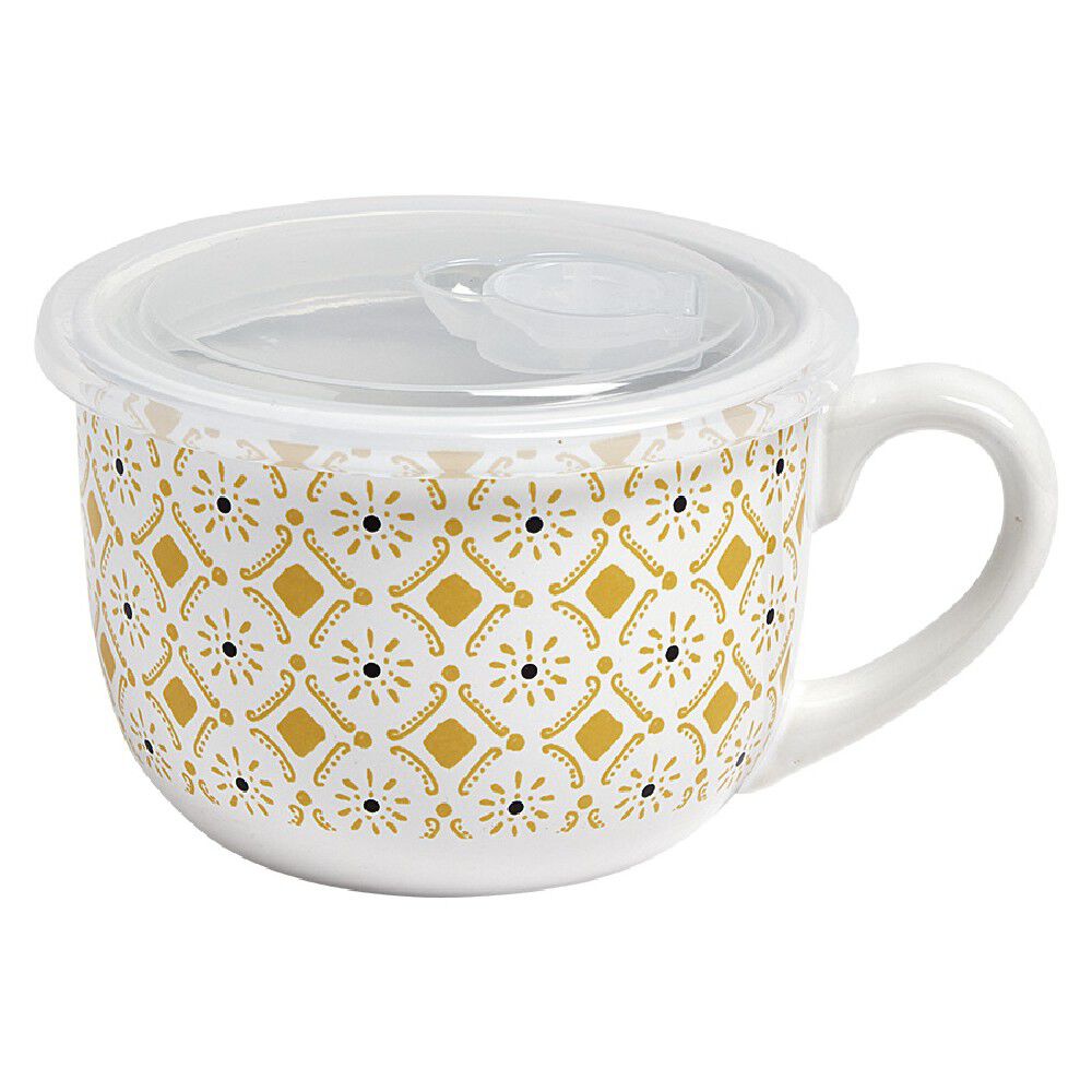 Bol jumbo couvercle transparent motif ethnique blanc et jaune Ø12.5xH9cm