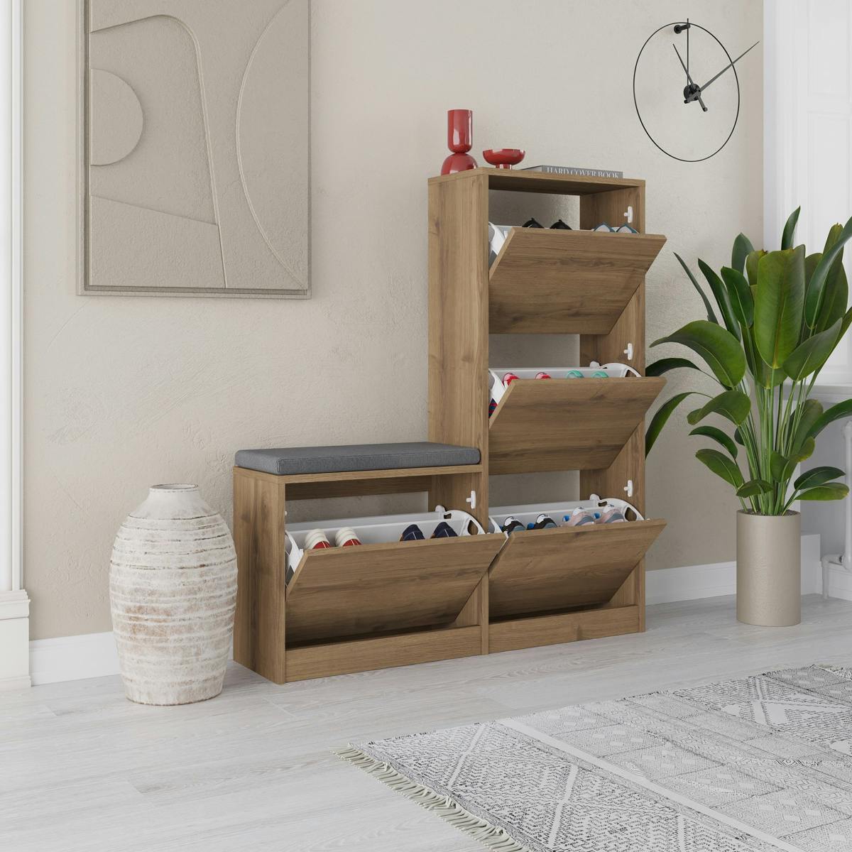 Meuble à chaussures 4 portes et banc décor bois MARFA