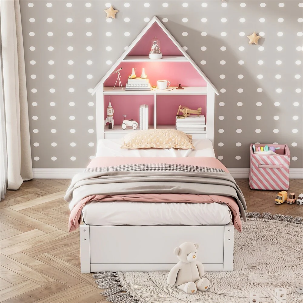 House-Shaped Bed w/Bookcase Headboard & Led Light &Twin Size Trundle