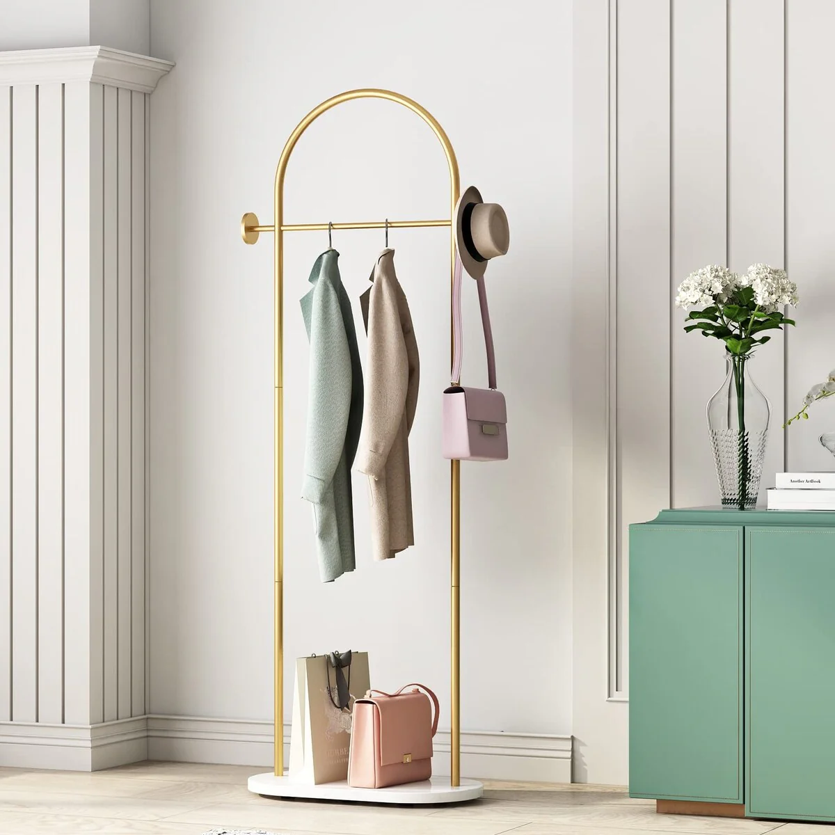Modern Gold Clothes Racks with Shelves Freestanding, Gold Coat Racks with Marble Base & Coat Hanger with Umbrella