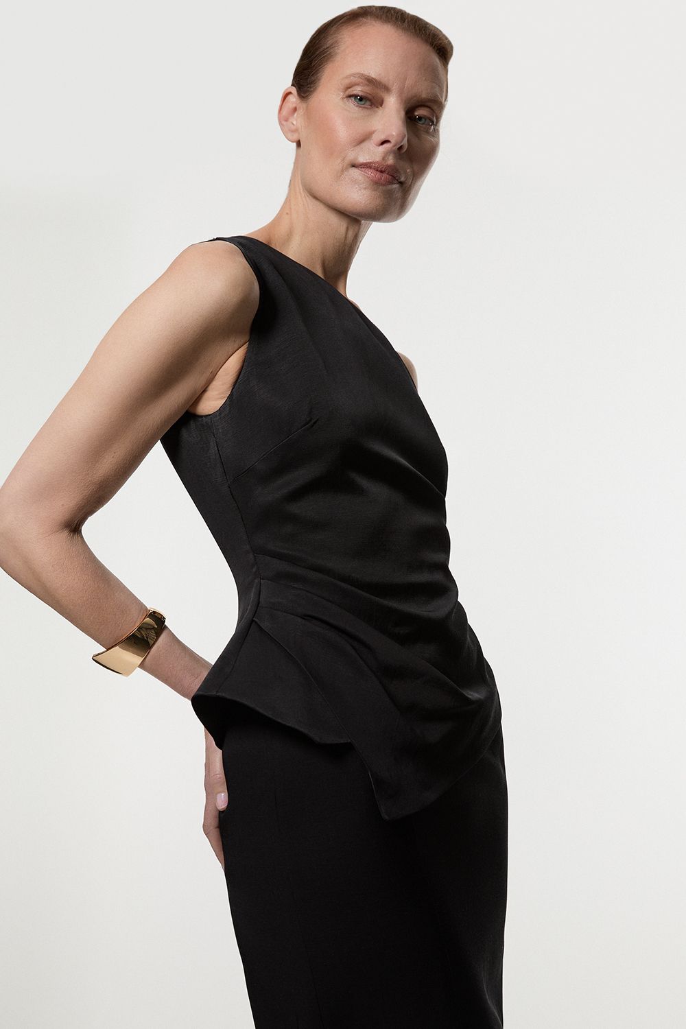 KarenMillen Premium Viscose Linen Asymmetric Neck Tailored Pencil Maxi Dress