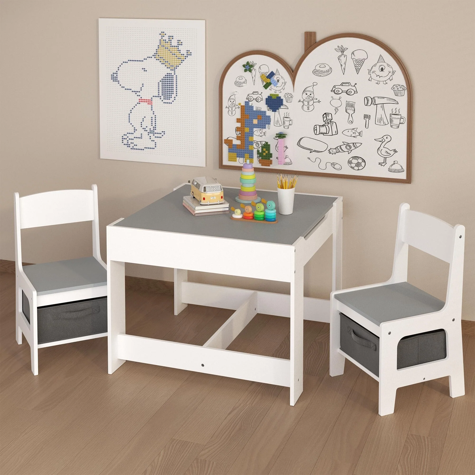 Kids Table and Chair Set, 3 in 1 Wooden Activity Table with Storage Drawer, 2 in 1 Detachable Tabletop Table Set for Nursery
